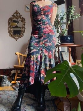 Xscape Vintage Floral Mesh Ruched Dress